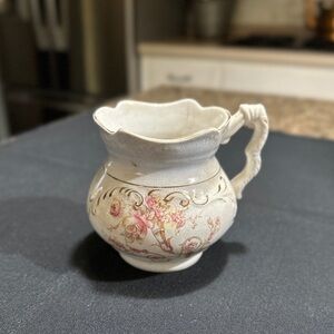 VINTAGE, VICTORIAN,CREAM PITCHER. WHITE WITH GOLD TRIM, PINK BOUQUETS OF FLOWERS